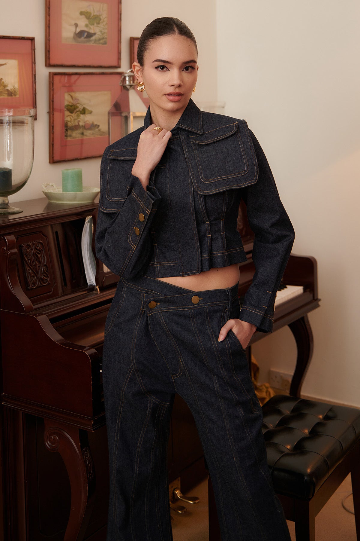 Flapped Denim Bolero With Button Stiched Detailed Denim Pants