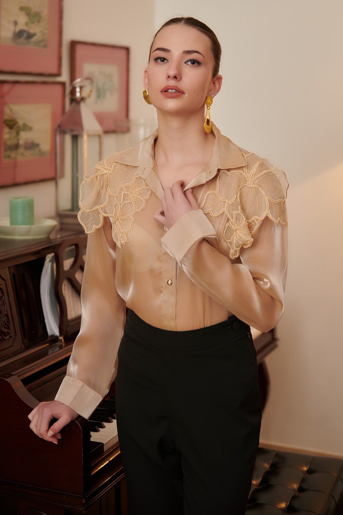 Patched Flower Work Organza Shirt-Gold