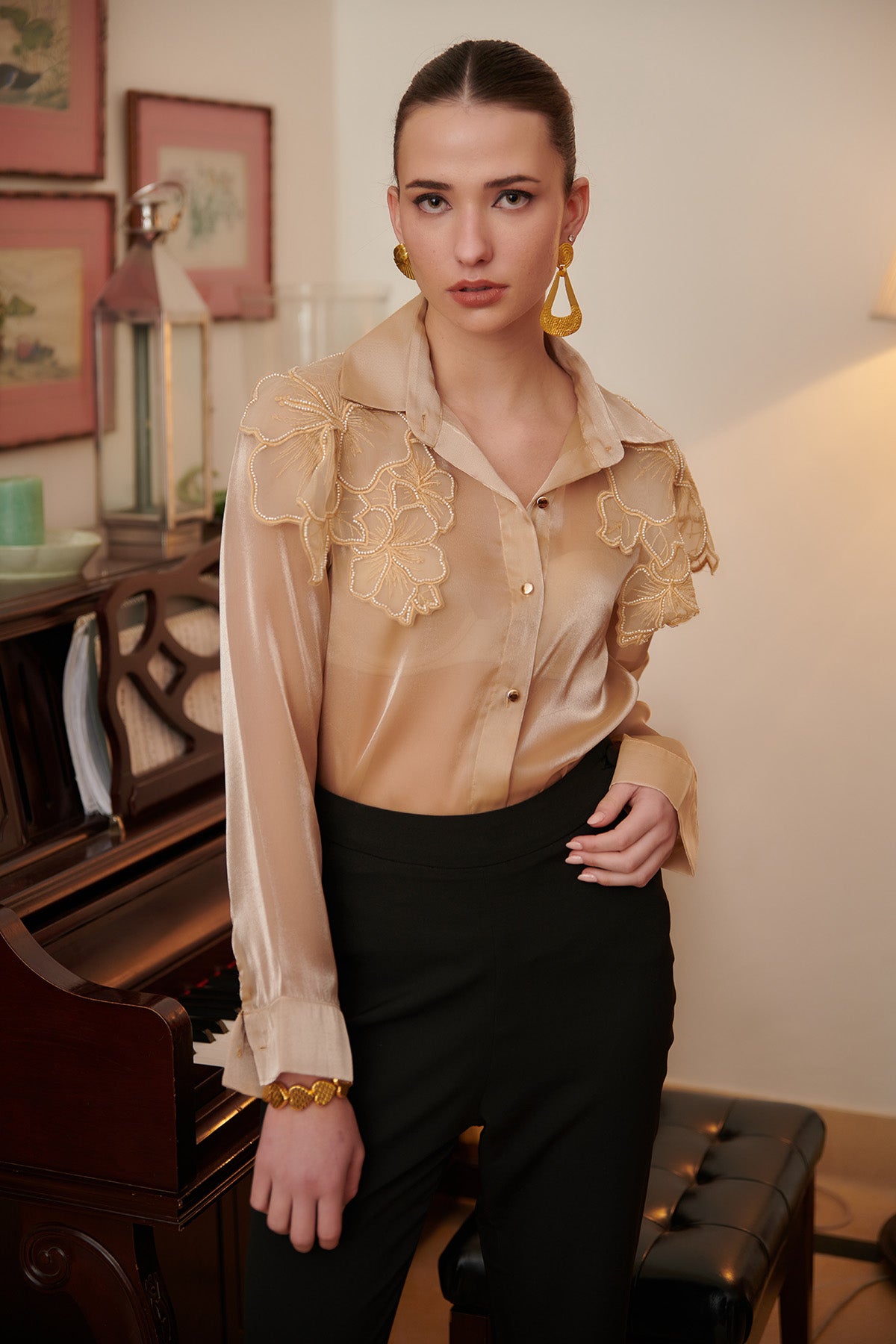 Patched Flower Work Organza Shirt-Gold