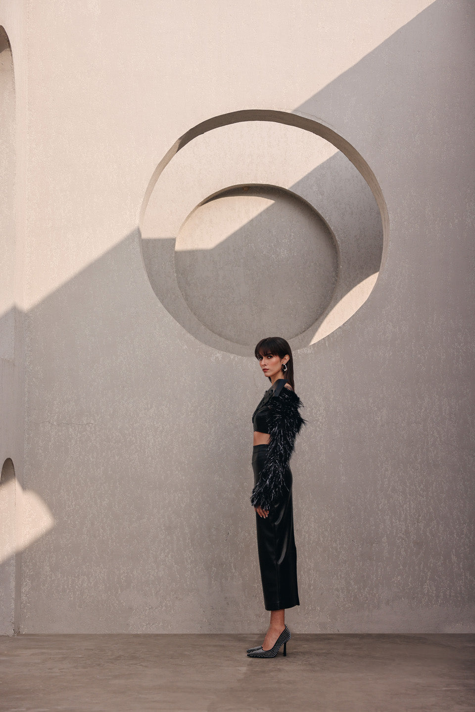 Leather Black Buckle Skirt with Tracey Bustier Paired with Fur Jacket