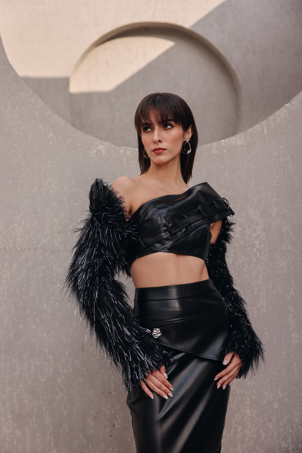 Leather Black Buckle Skirt with Tracey Bustier Paired with Fur Jacket
