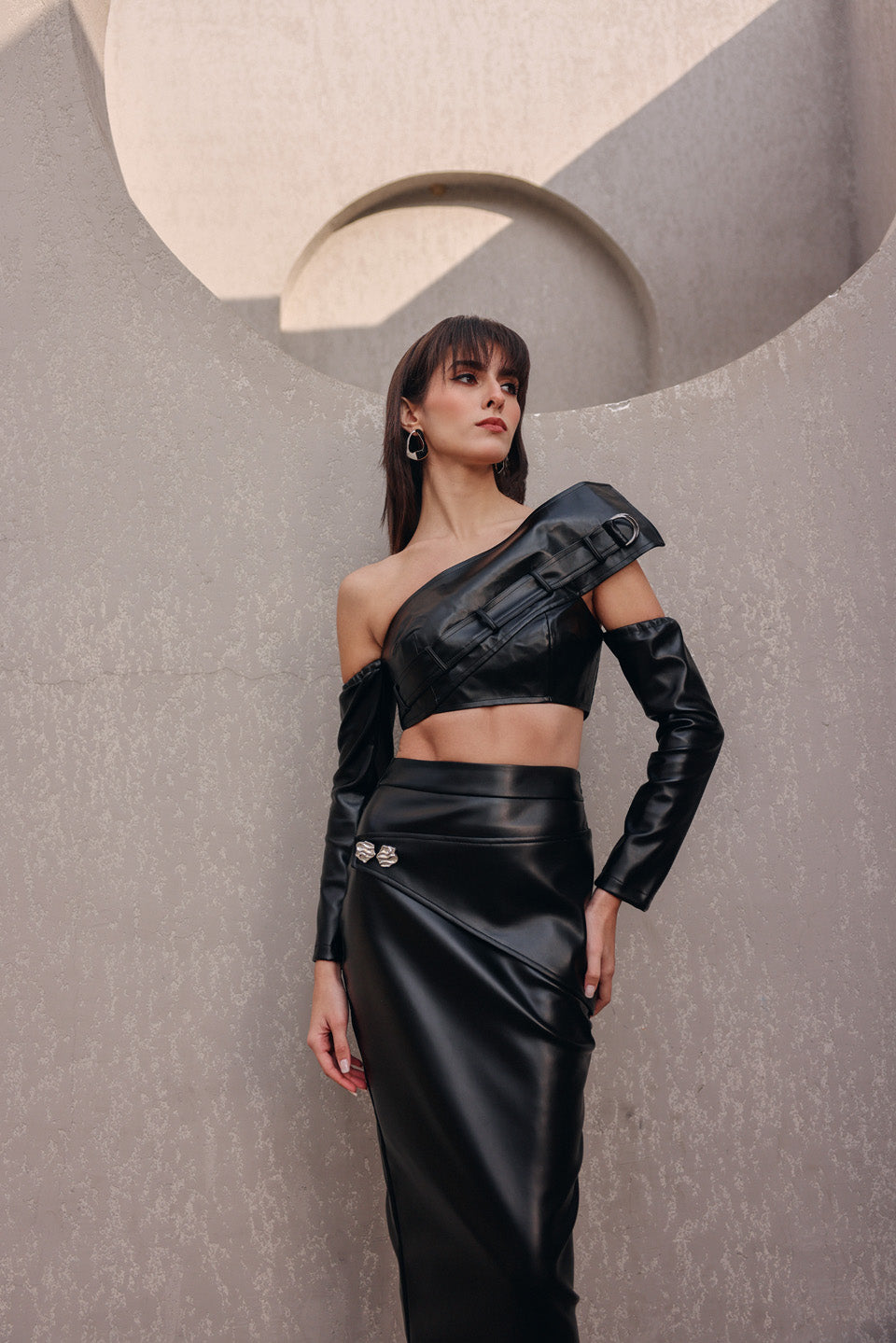 Leather black buckle skirt with tracey bustier