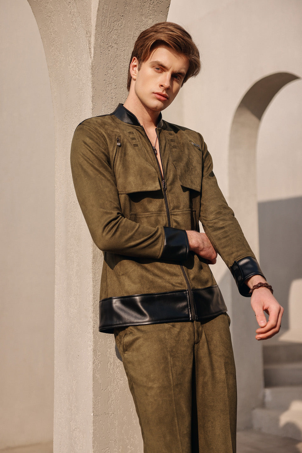 Olive suede jacket set