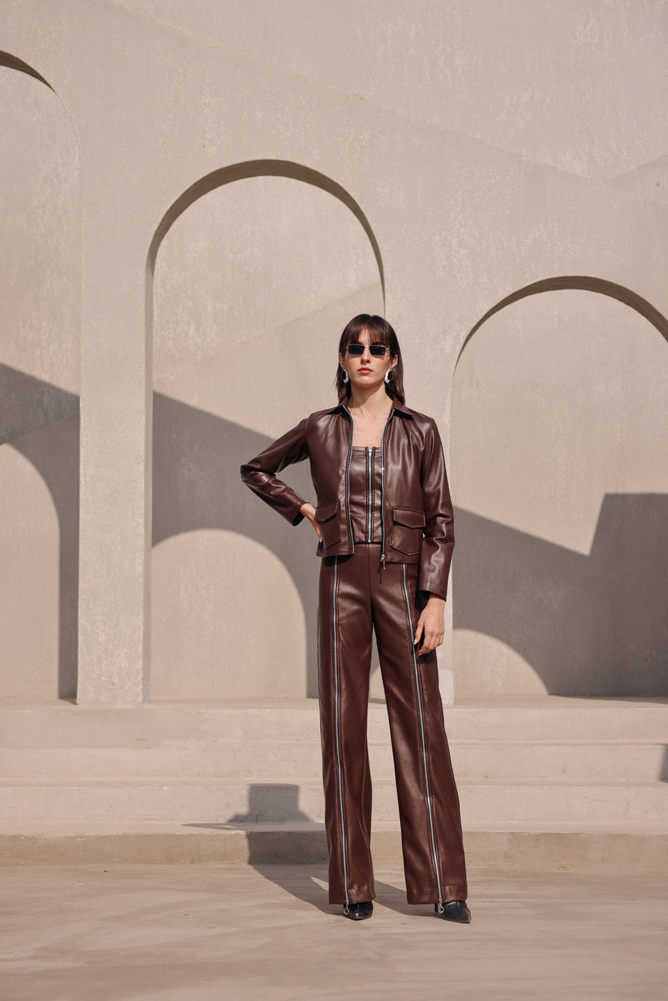 Leather camo zip zap top with pants and jacket