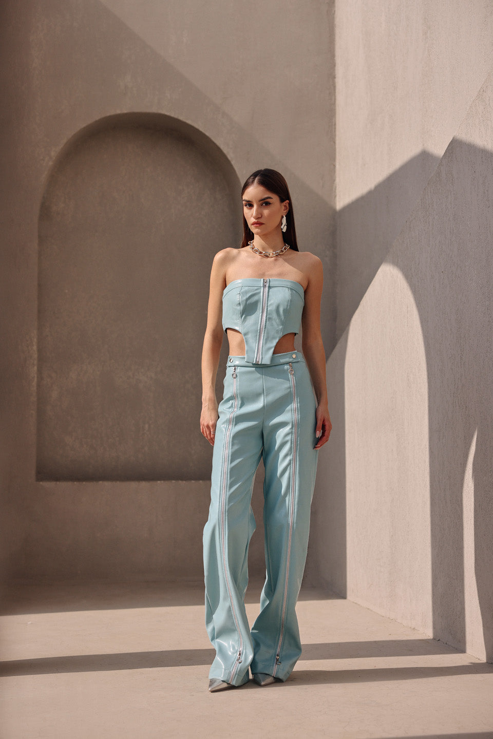 Leather fall blue zip zap top with pants