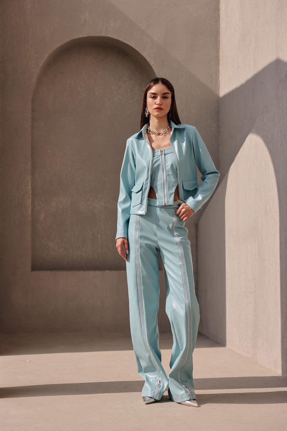 Leather fall zip zap top with pants and jacket