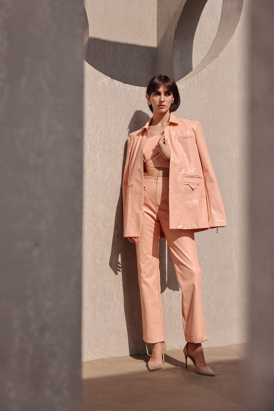 Peach leather open jacket 3pc set