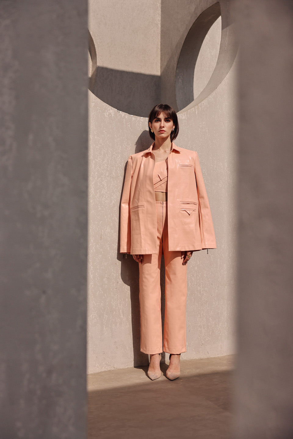 Peach leather open jacket 3pc set