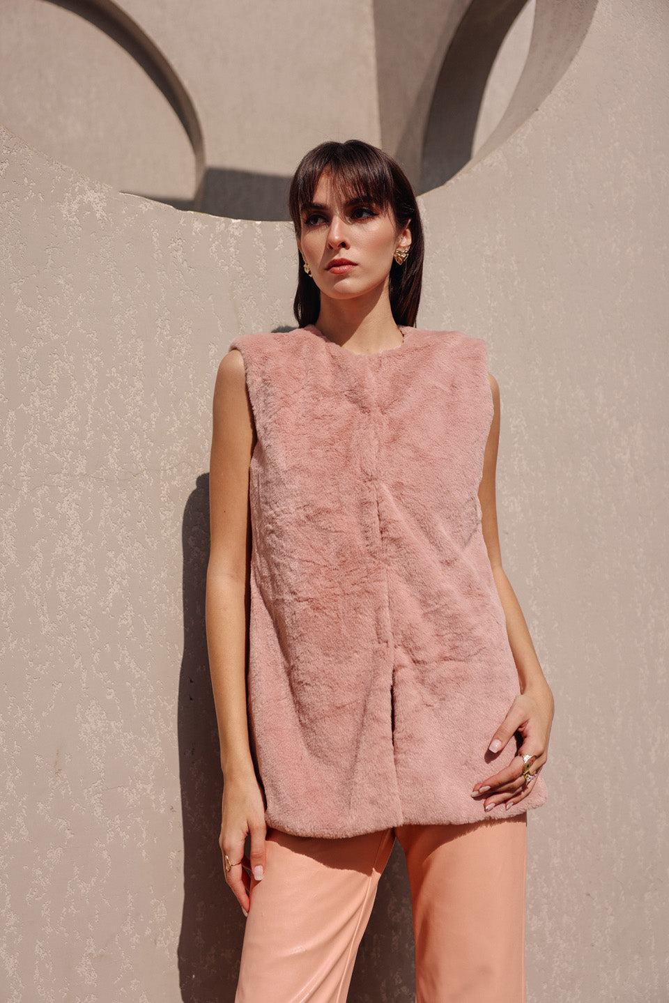 Nude pink fur jacket sleeveless