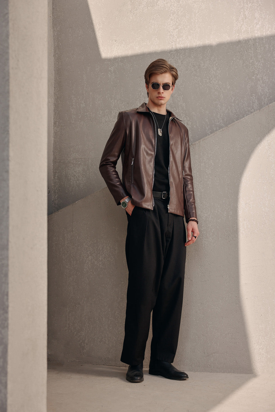 Brown fall leather zipper jacket