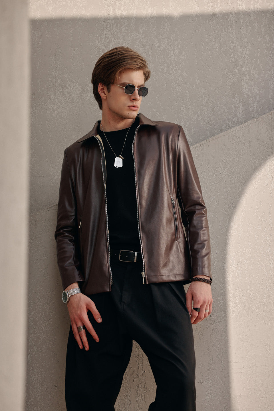 Brown fall leather zipper jacket