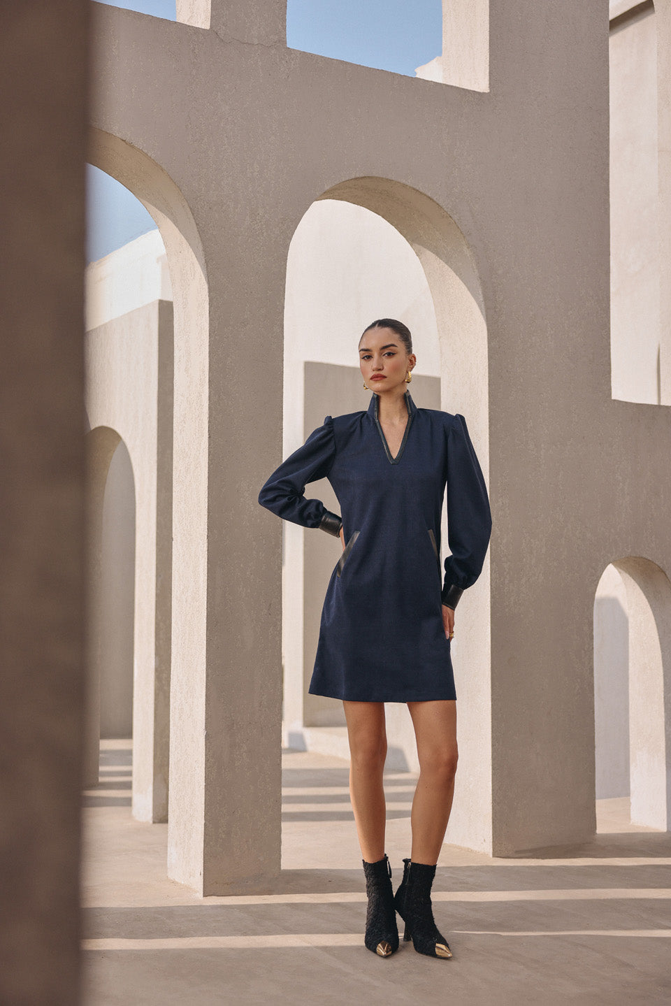 Navy blue suede shift dress