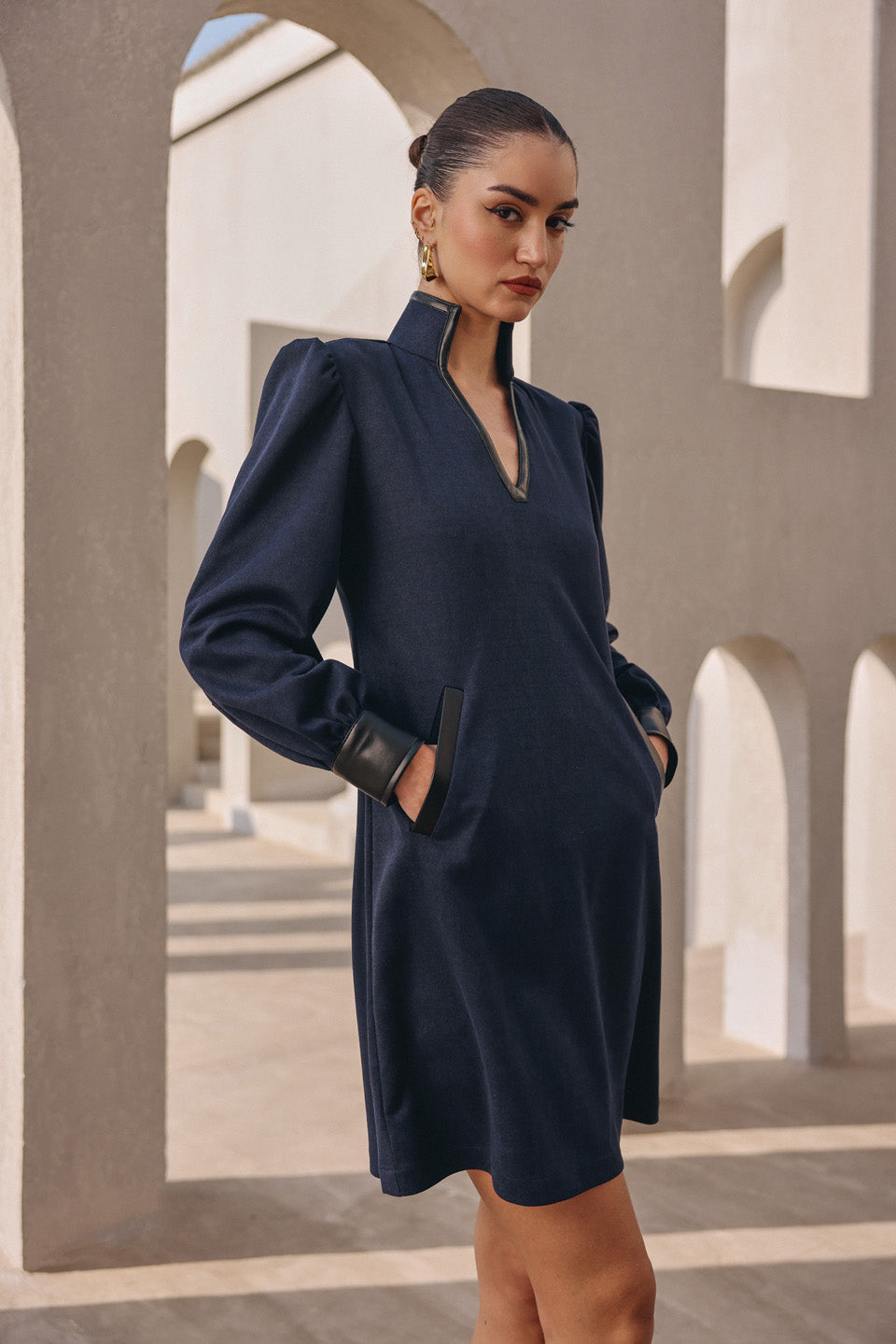 Navy blue suede shift dress