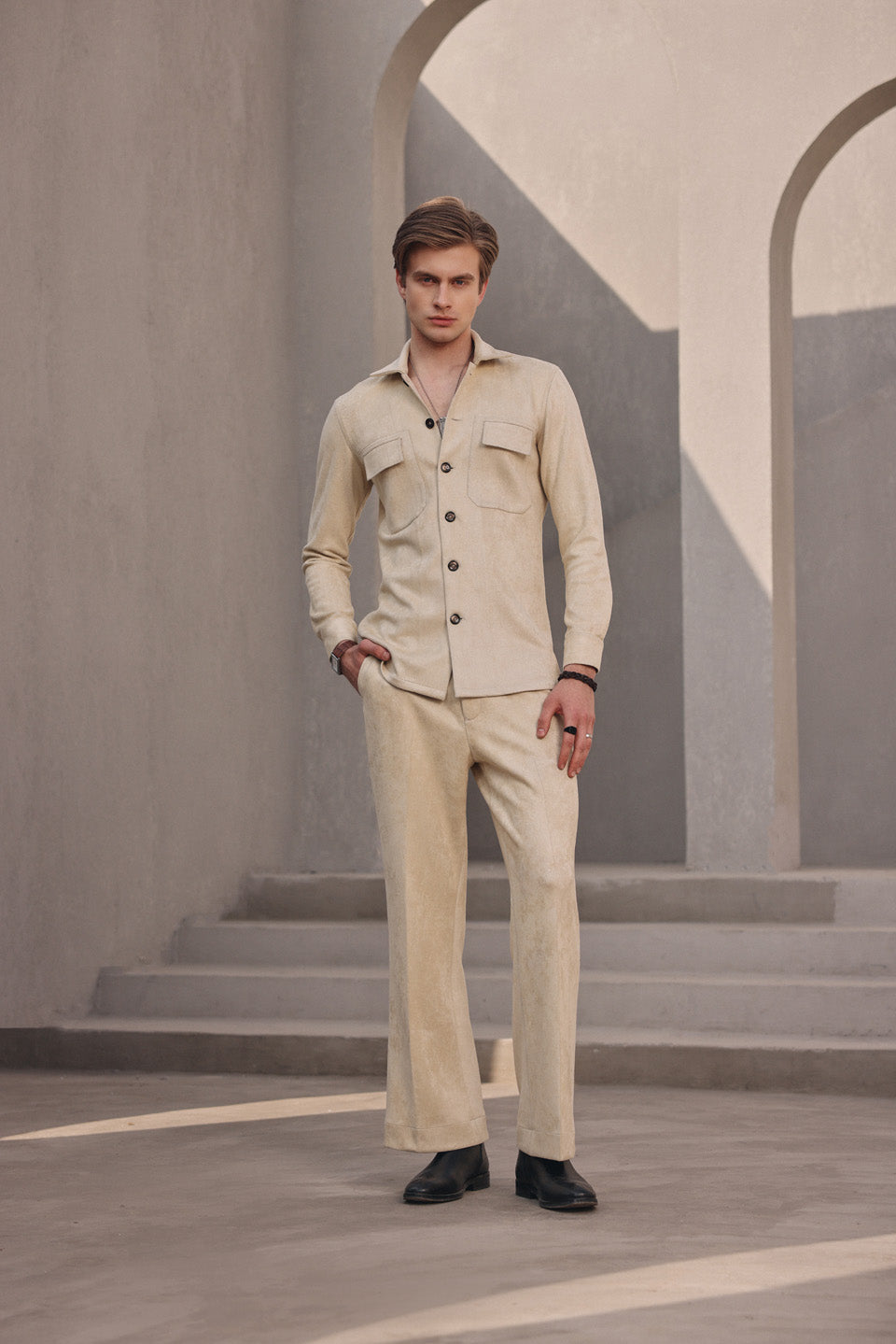 Suede chamapgne button shirt set