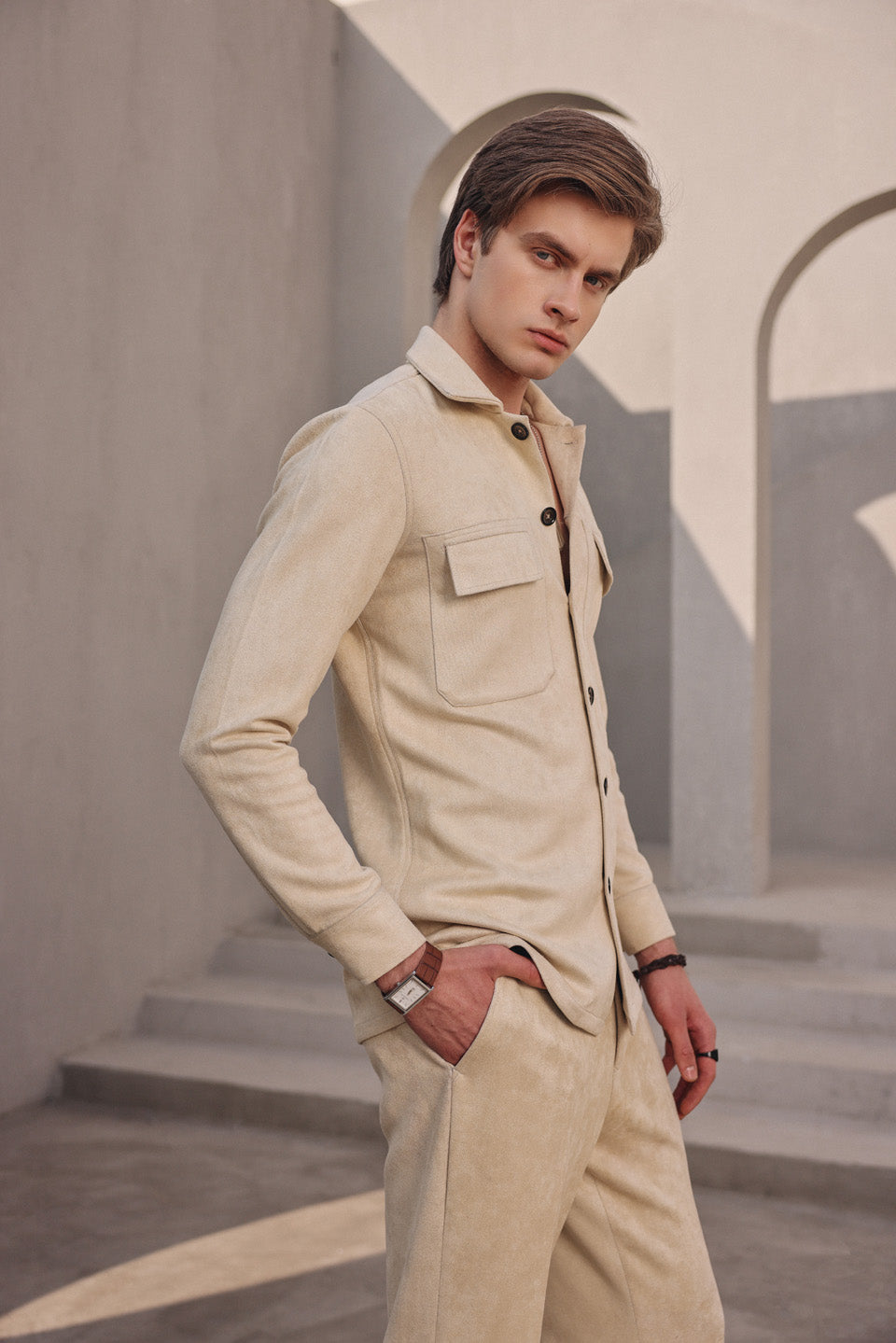 Suede chamapgne button shirt set