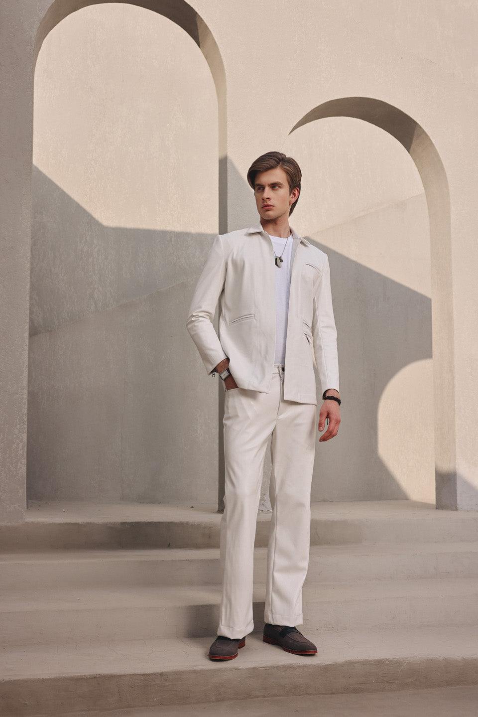 White leather open jacket set