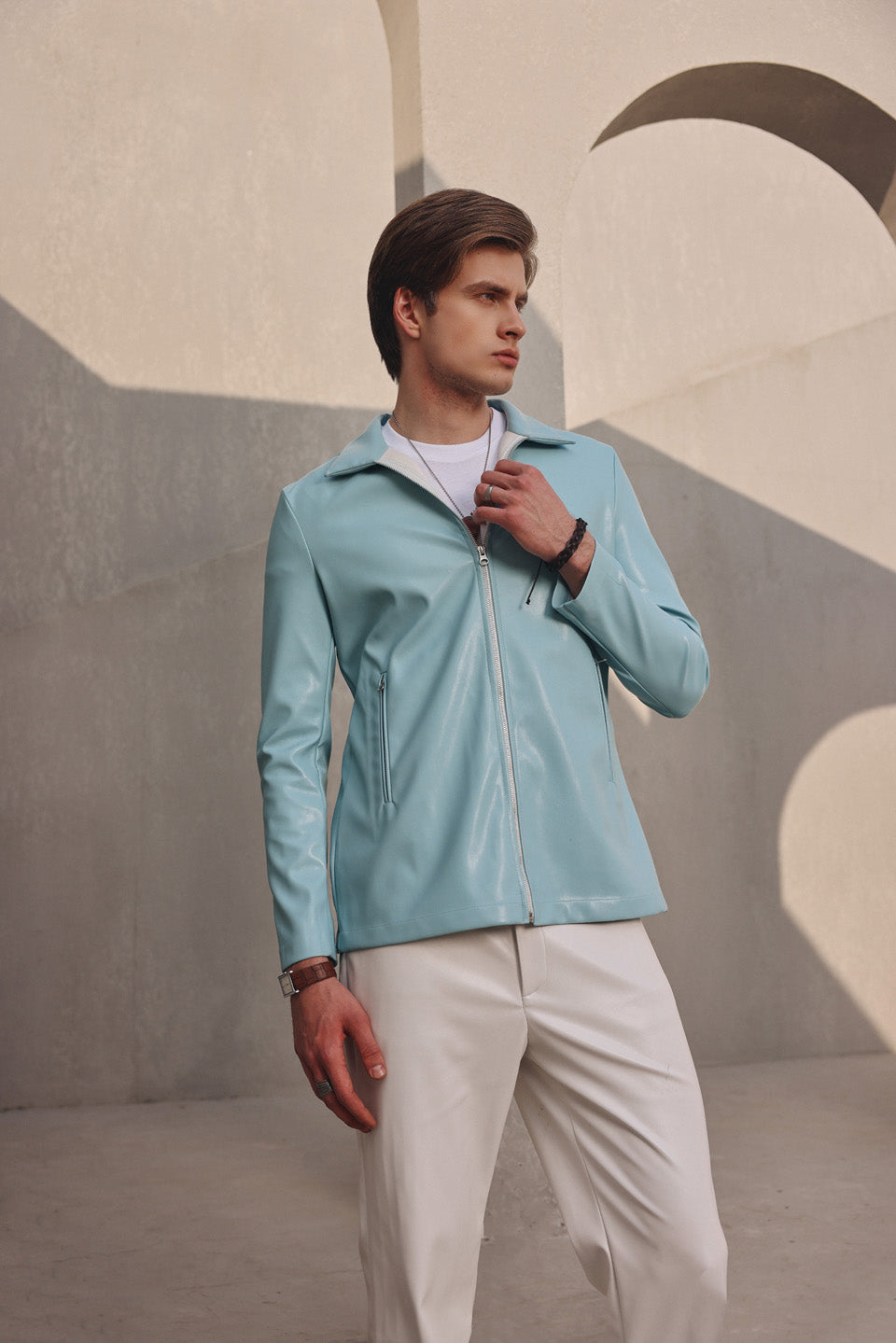 Ice blue leather zipper jacket with leather pants