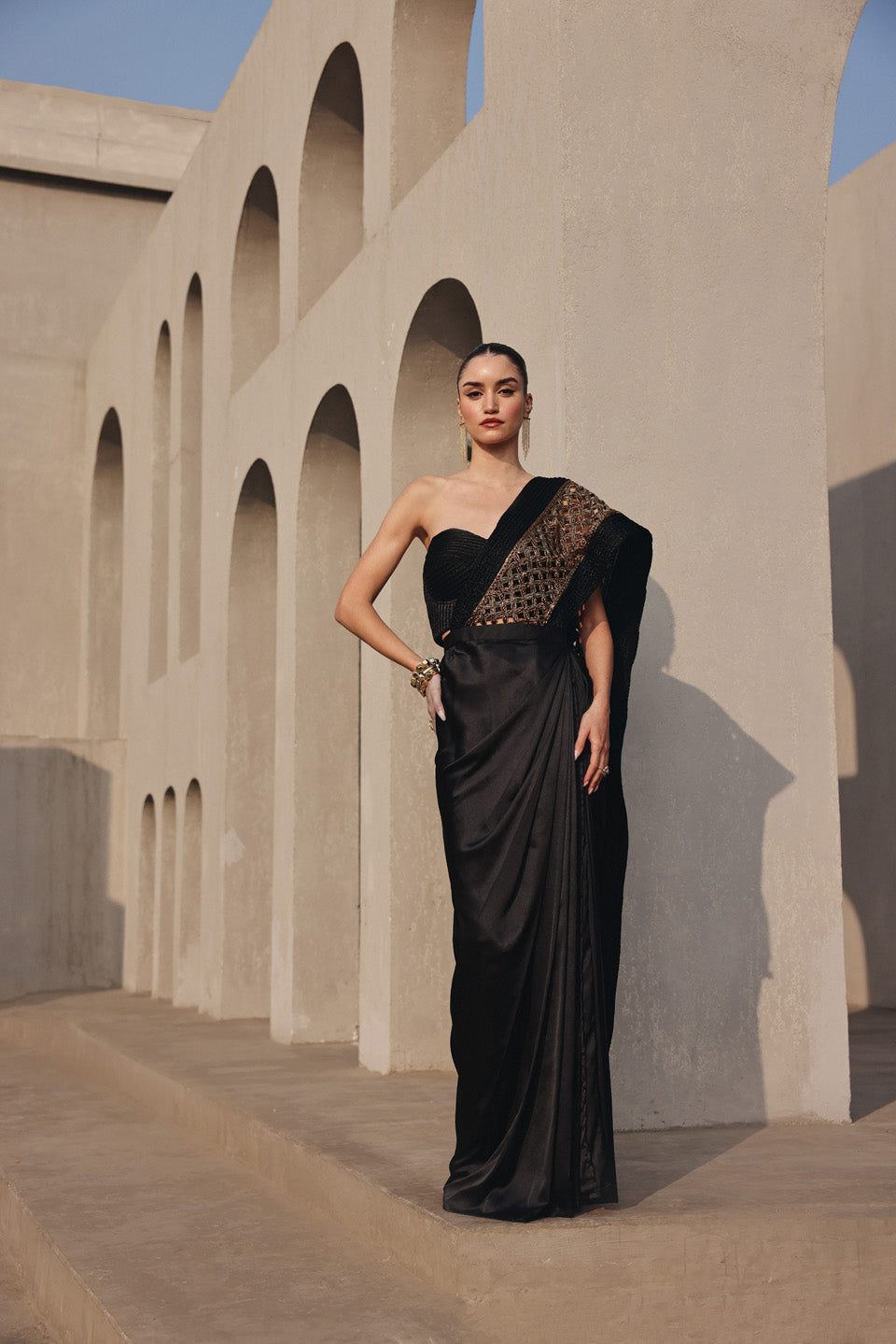 Ethereal black dori embroidered pallu drape saree