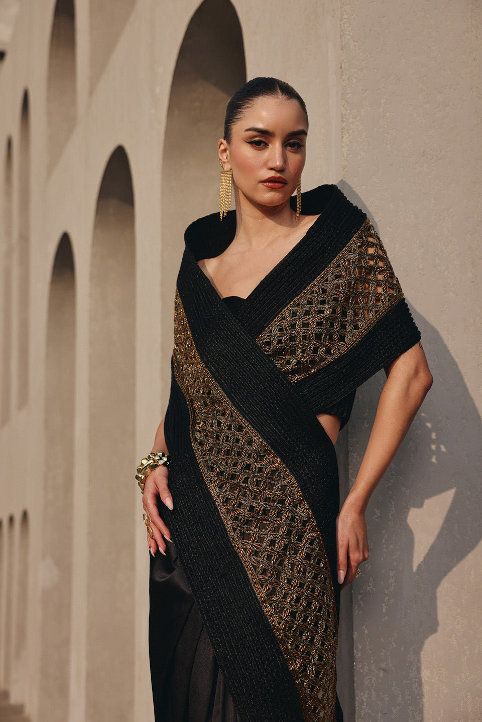 Ethereal black dori embroidered pallu drape saree