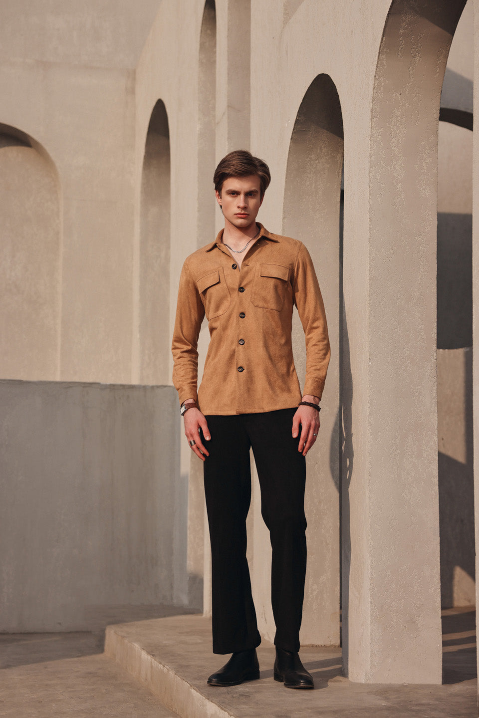 Suede rust button shirt set