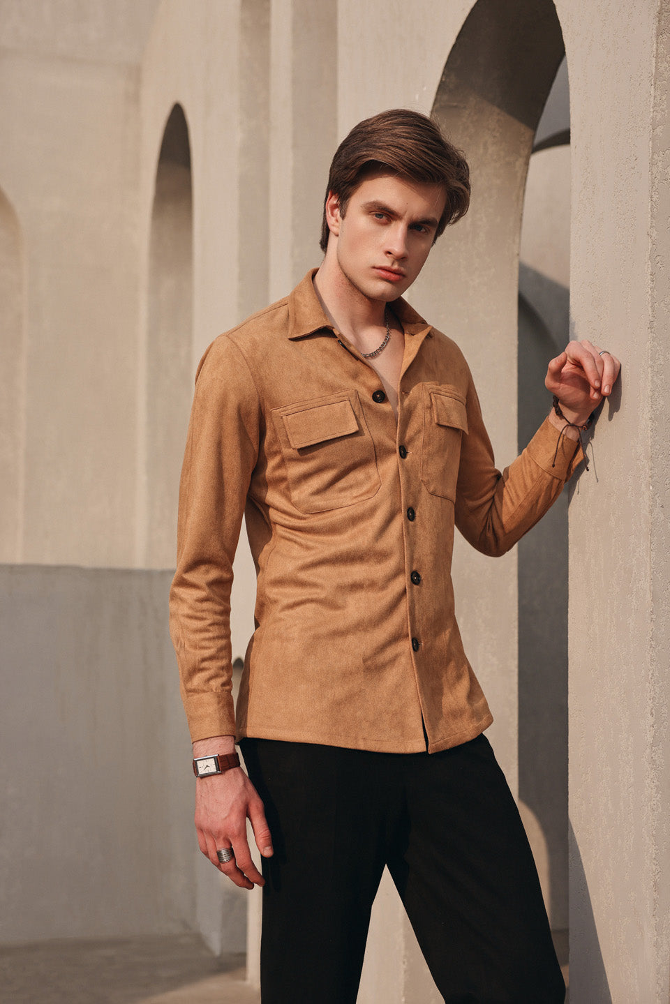 Suede rust button shirt set