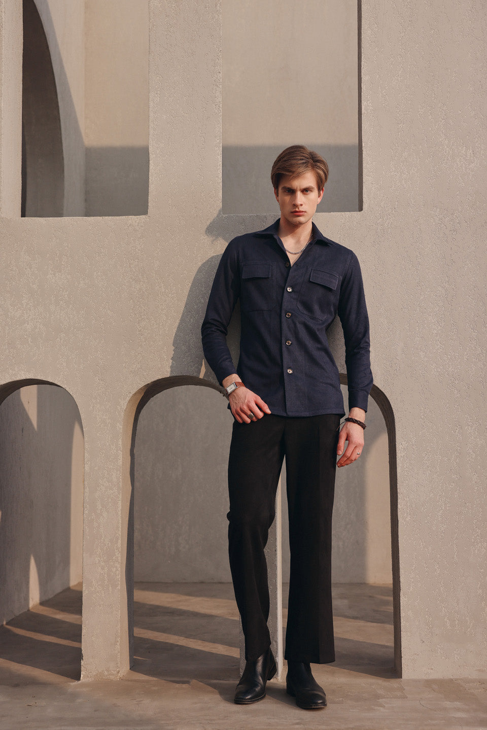 Suede blue button shirt set