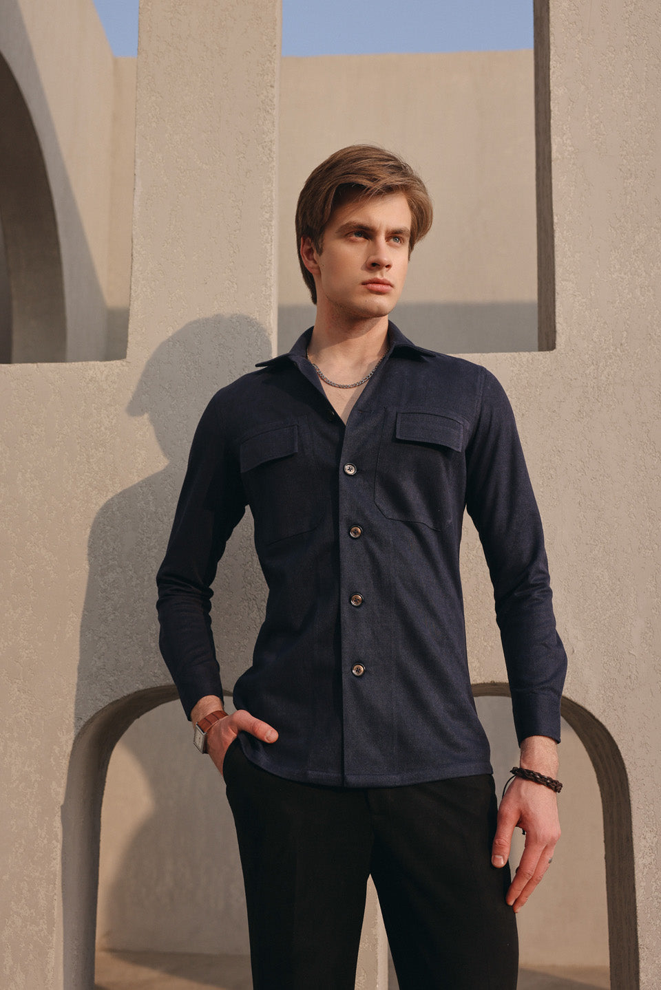 Suede blue button shirt set