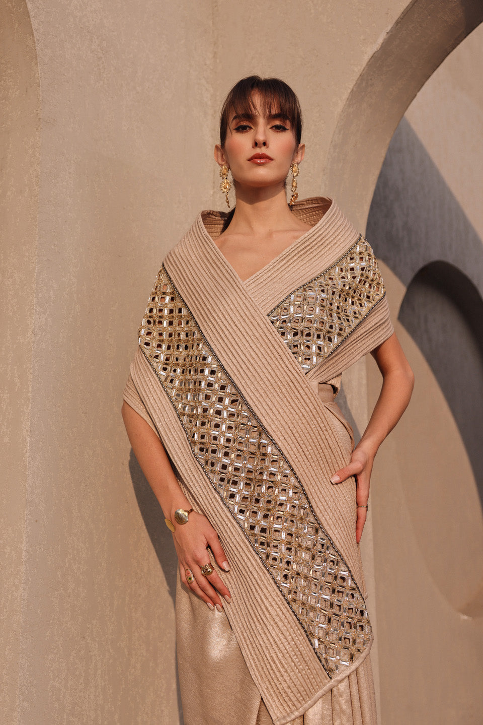 Ethereal metallic light gold dori embroidered pallu drape saree