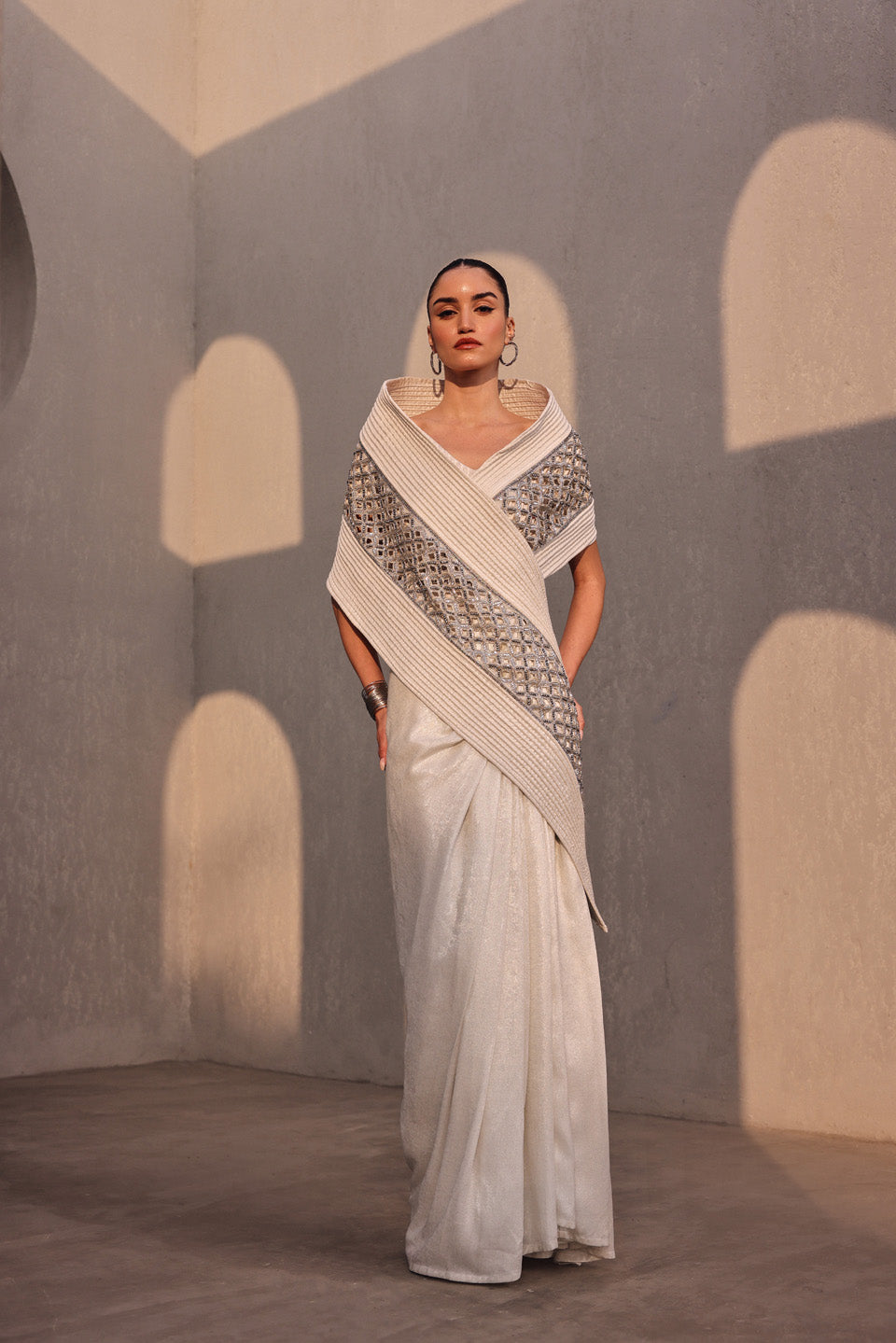 Ethereal ivory  dori embroidered pallu drape saree