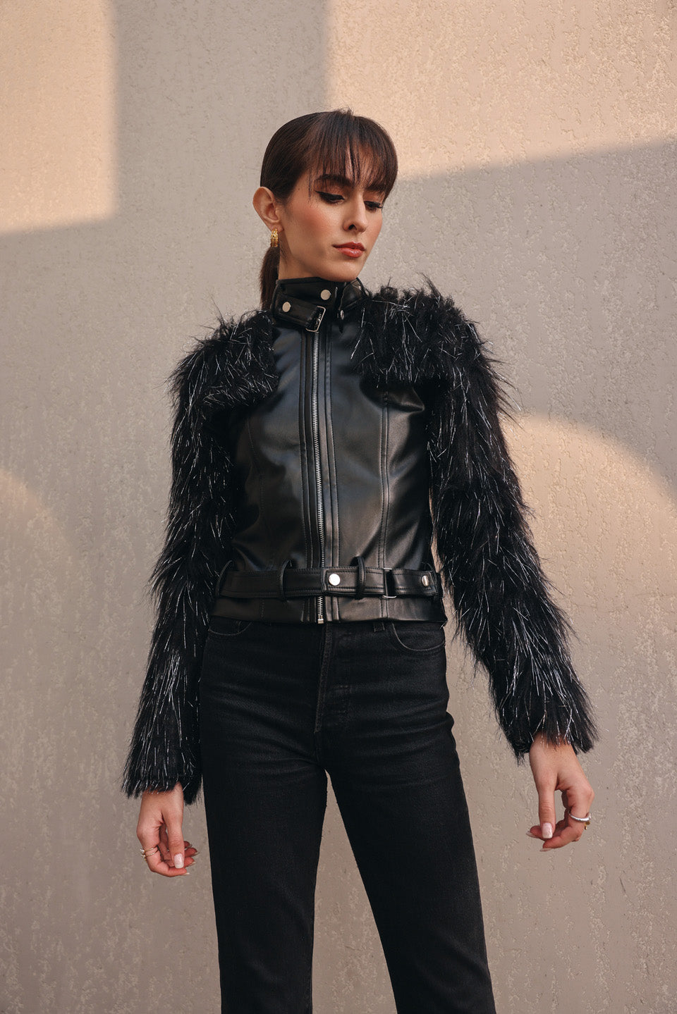 Bask zaden black leather jacket with lurex fur sleeves