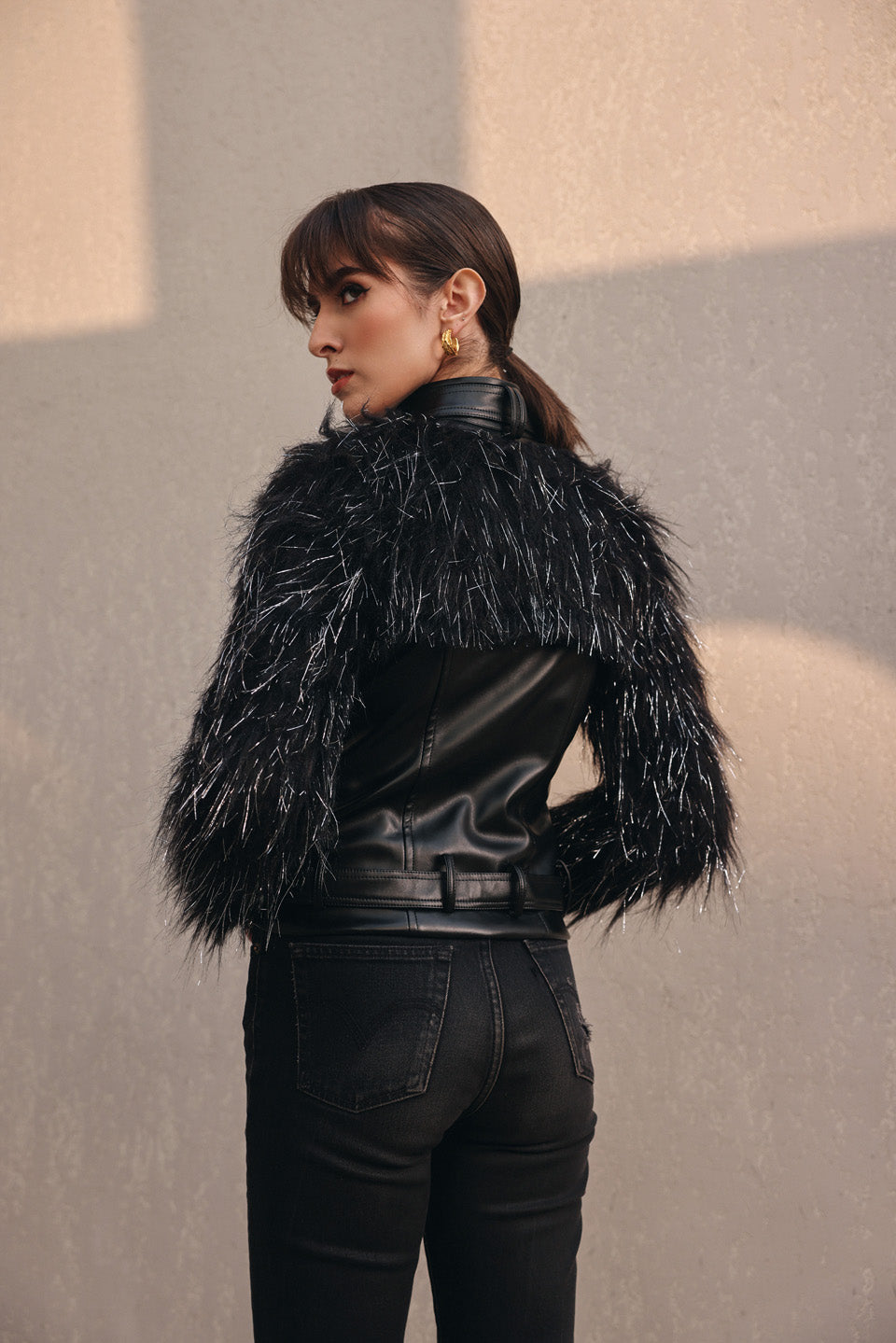 Bask zaden black leather jacket with lurex fur sleeves