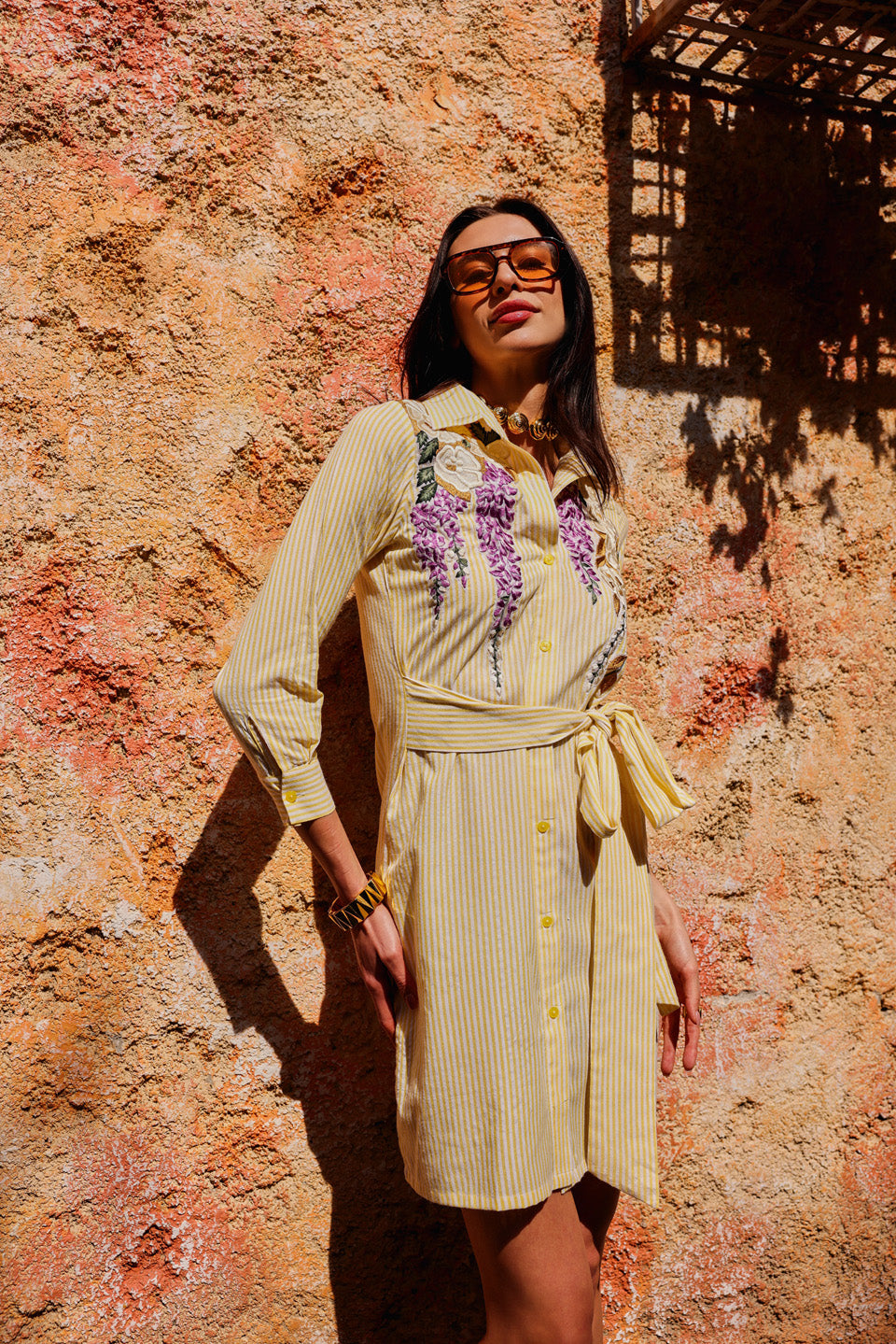 Sunny-Yellow Fluer Threadwork Shirt Dress