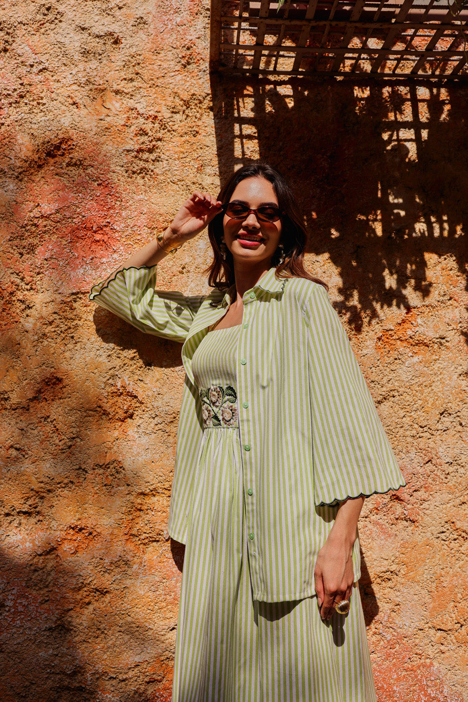 Limegreen Gingham Threadwork Dress with Shirt