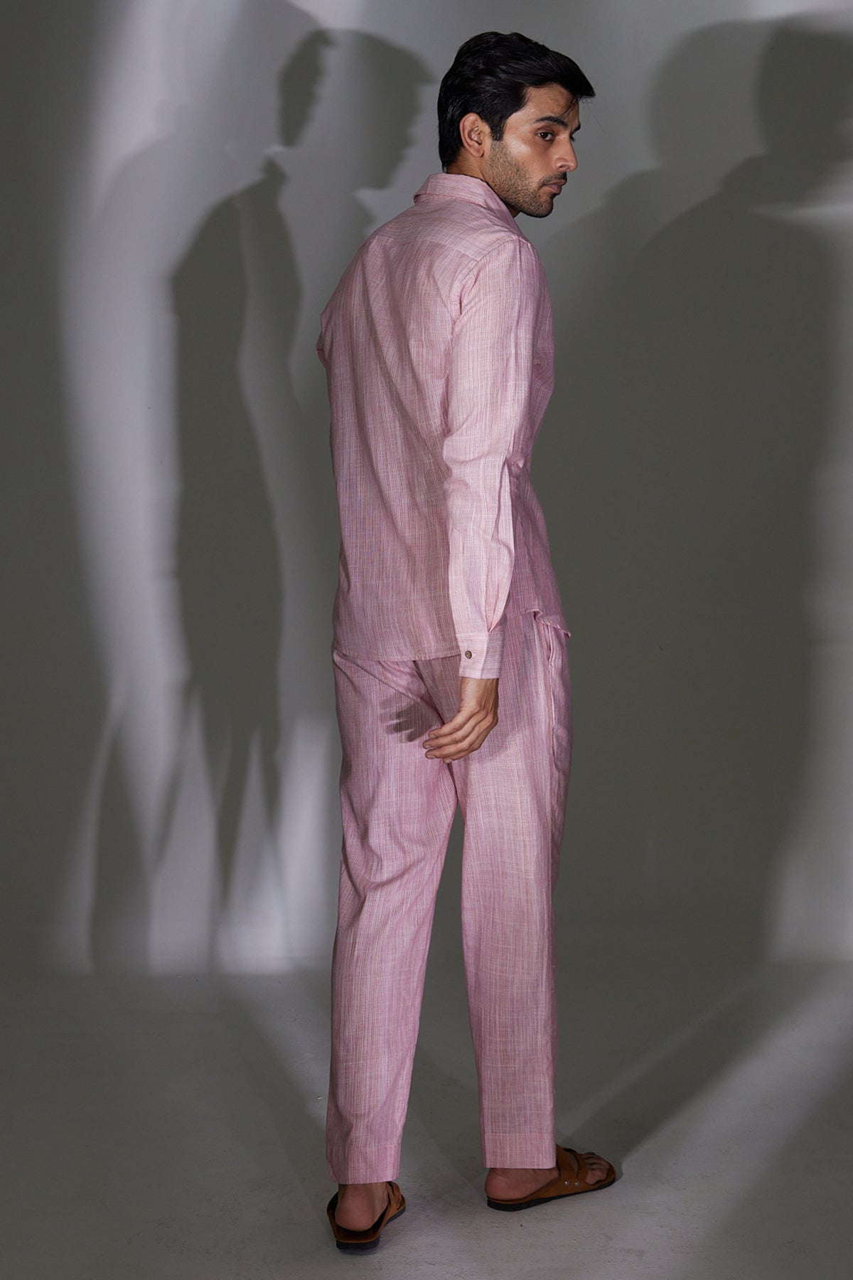 Texture And Stripe Pink Linen Cord Pants  And Shirt