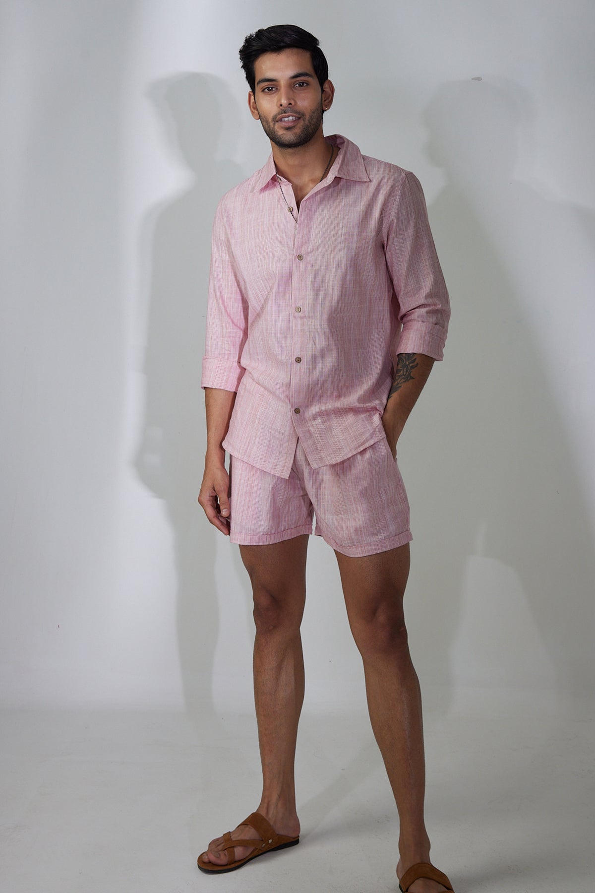 Texture And Stripe Pink Linen Cord Shorts And Shirt