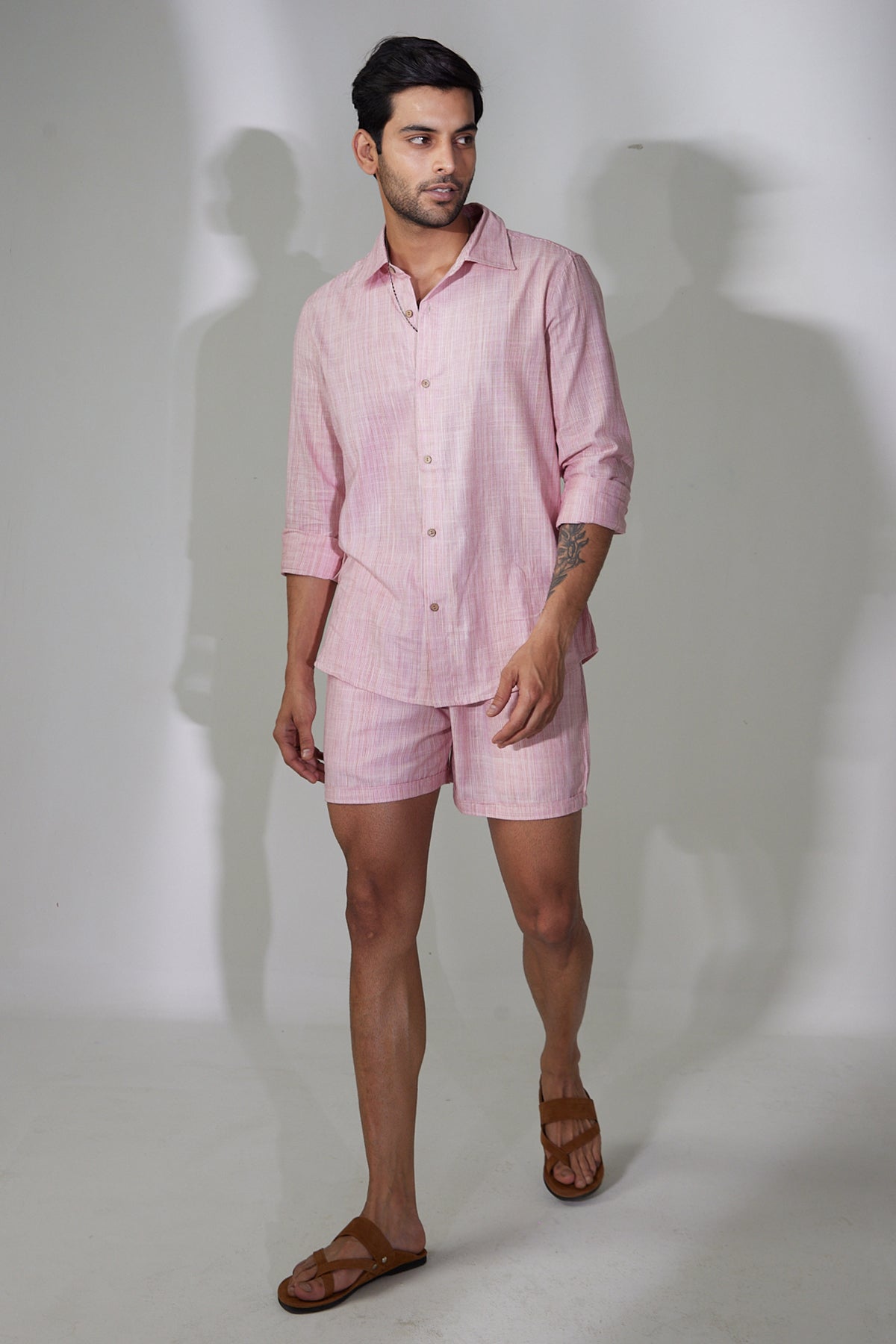 Texture And Stripe Pink Linen Cord Shorts And Shirt