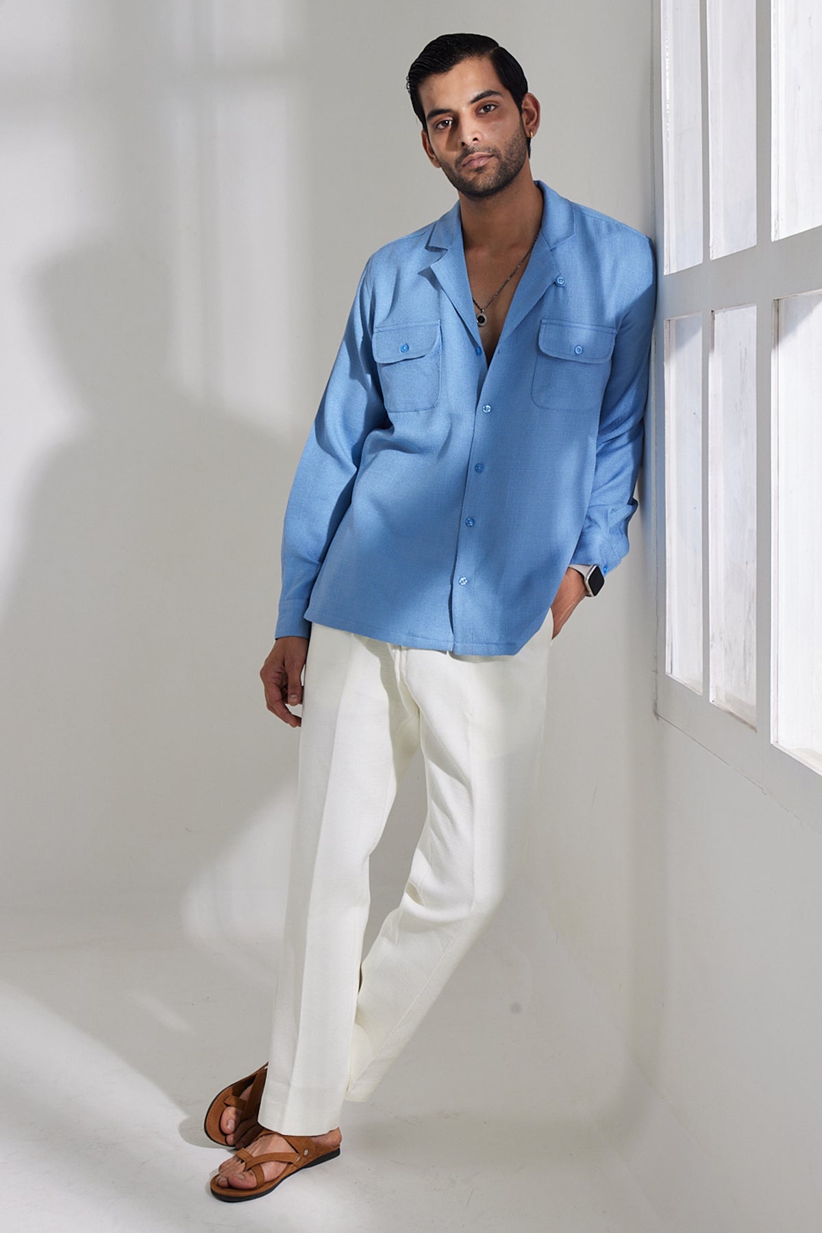 Powder Blue Jute Shirt White Jute Linen Pant