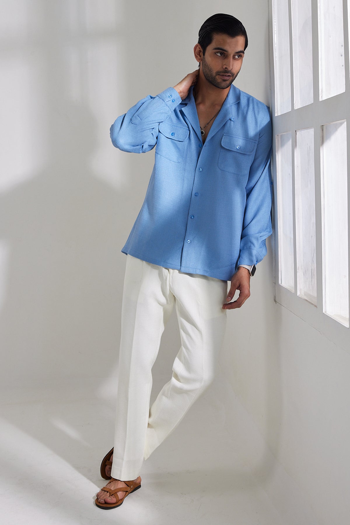 Powder Blue Jute Shirt White Jute Linen Pant