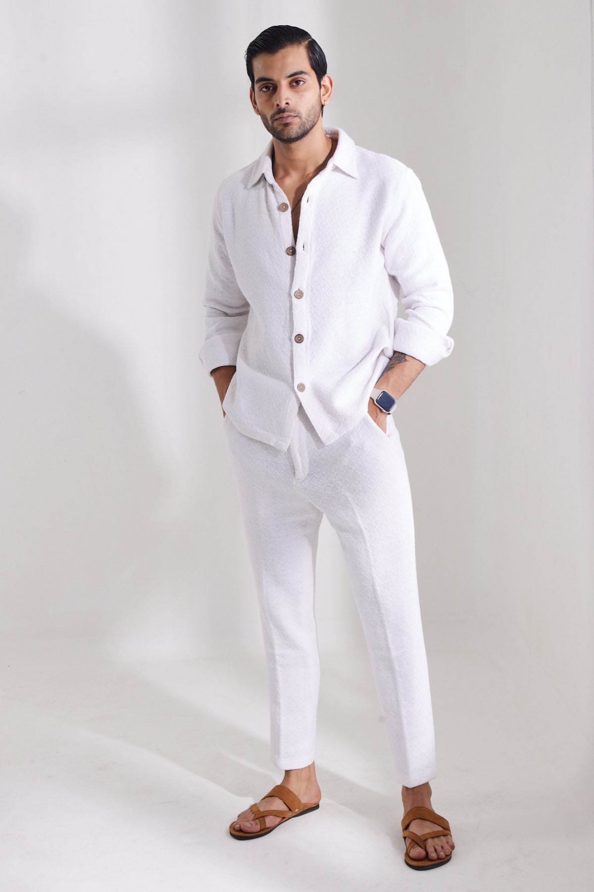 White Jacquard Linen Cord Pants And Shirt