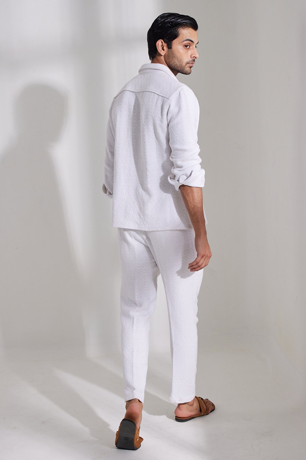 White Jacquard Linen Cord Pants And Shirt