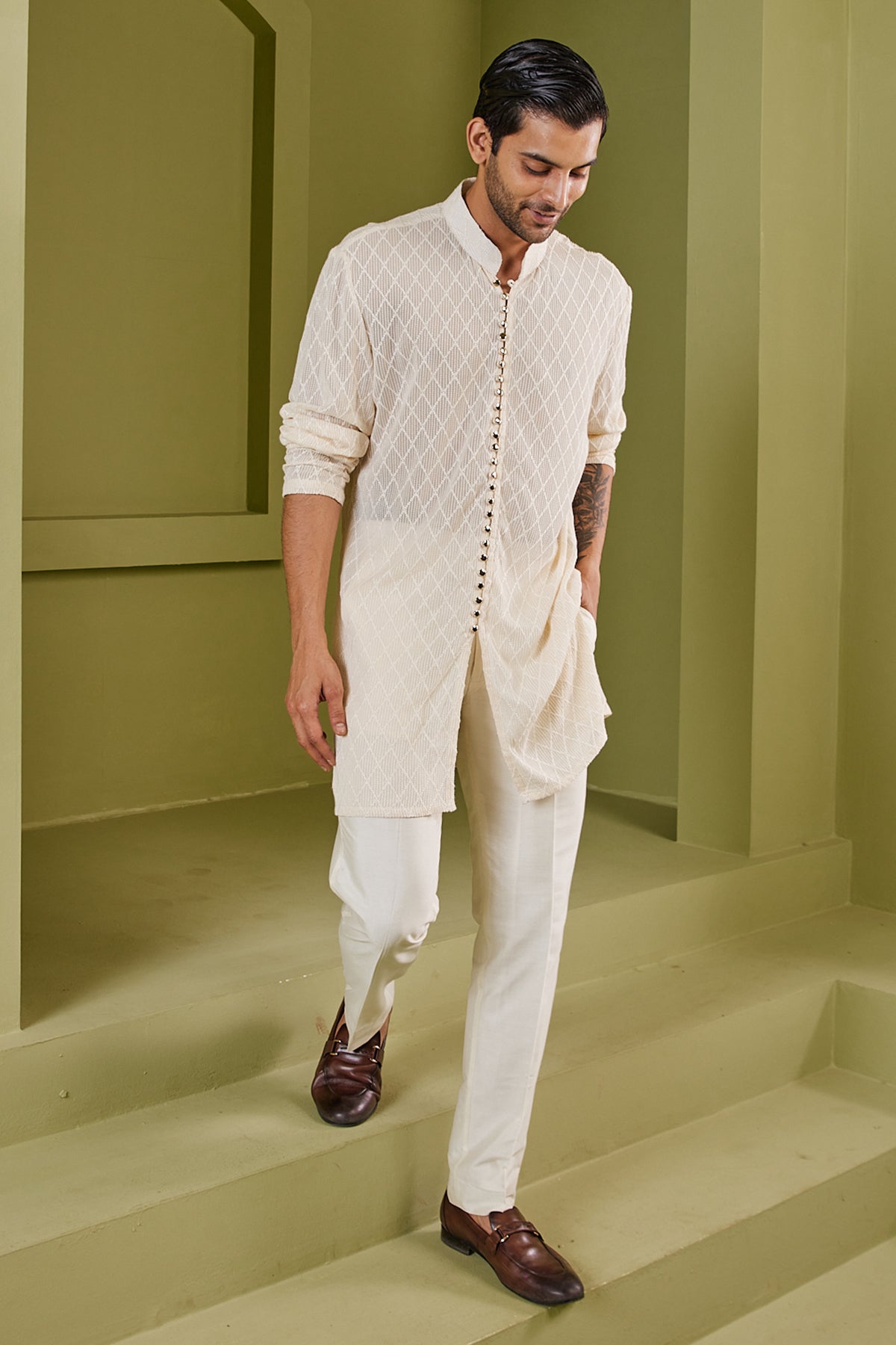 Cream Cross Weave Cotton Sheer Kurta Set