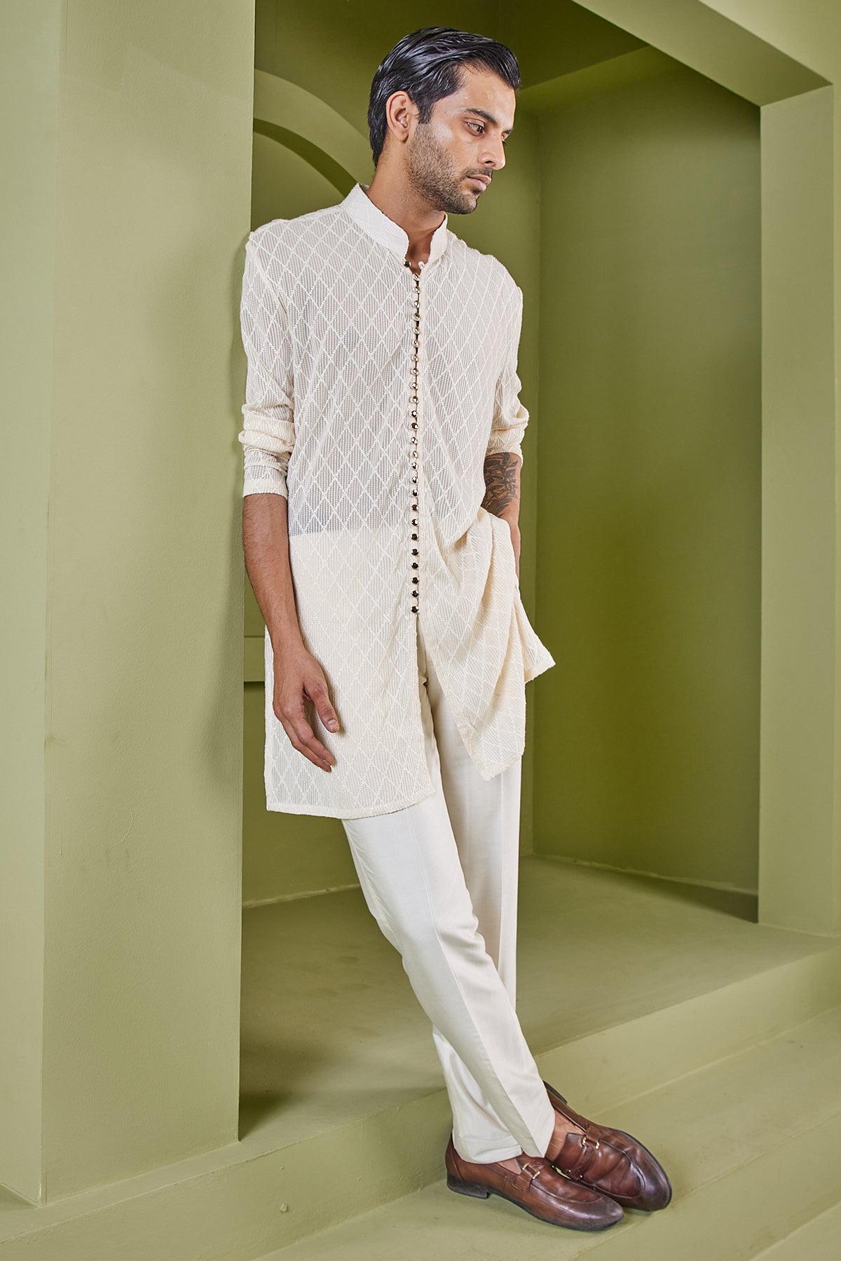 Cream Cross Weave Cotton Sheer Kurta Set