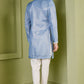 Textured Neck Kurta With Open Zari Blue  Jacket Set