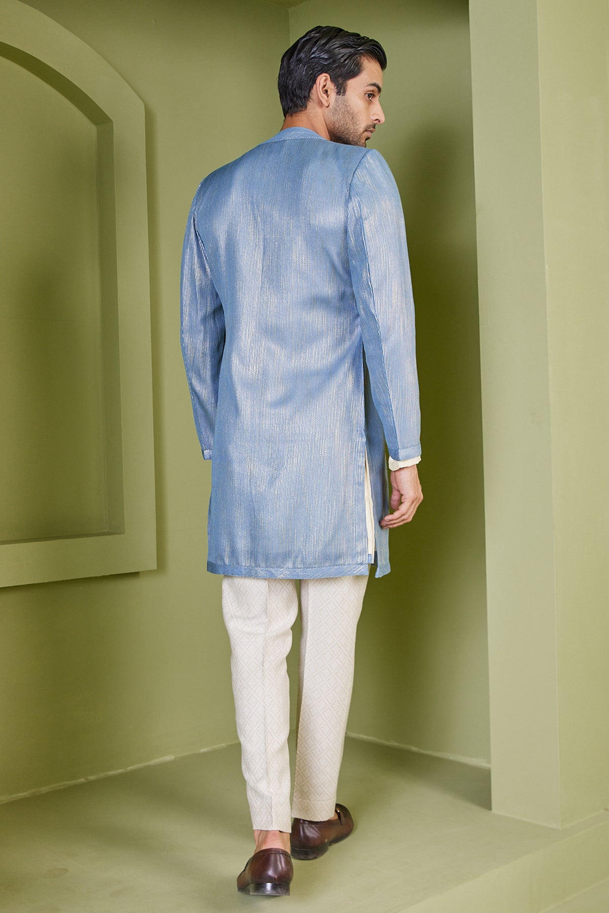 Textured Neck Kurta With Open Zari Blue  Jacket Set