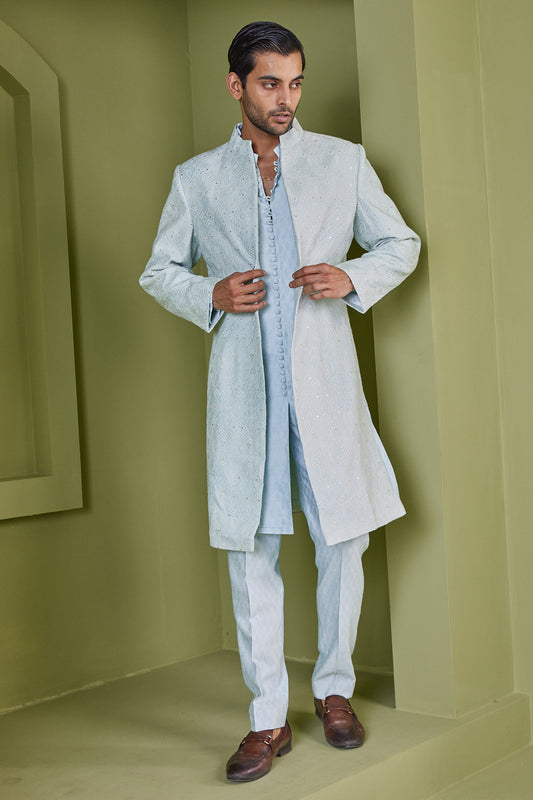 Texture Powder Blue  Kurta Pants With Open Indo-Western Jacket Set