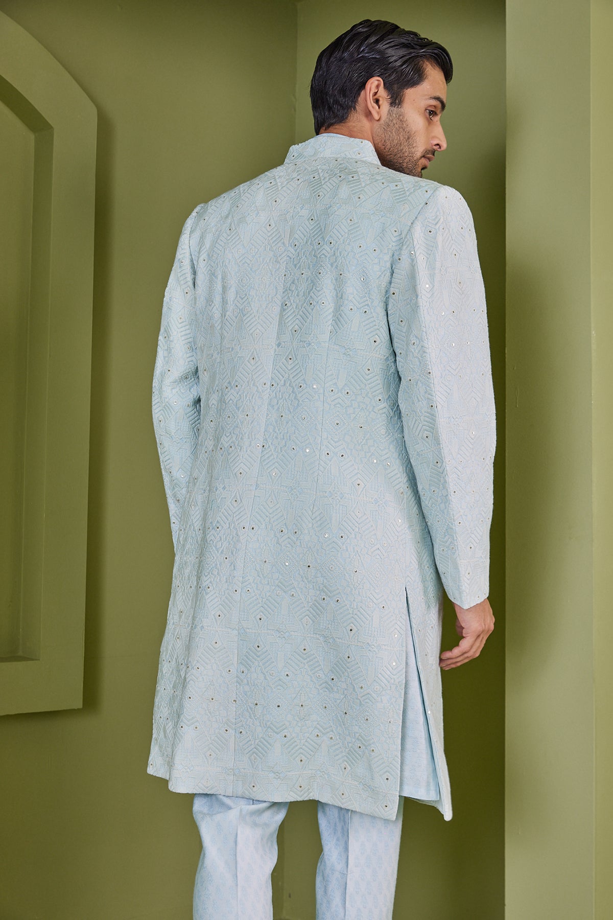 Texture Powder Blue  Kurta Pants With Open Indo-Western Jacket Set