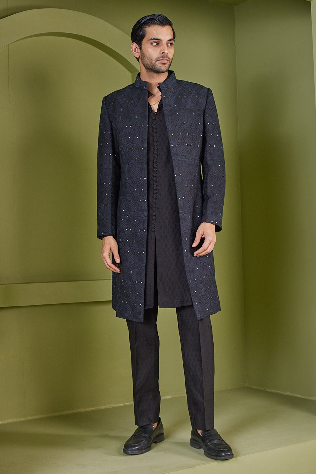 Texture Black  Kurta Pants With Open Indo-Western Jacket Set