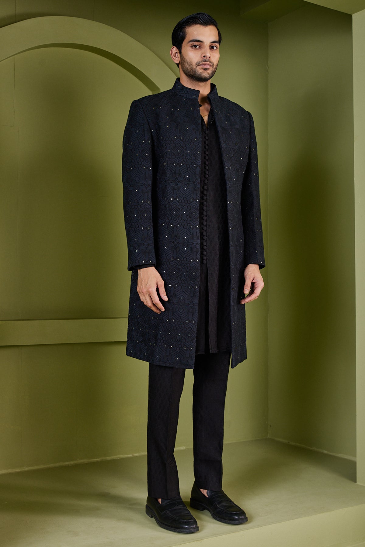 Indo Western Black Open Jacket Texture Black Kurta Pants With Open