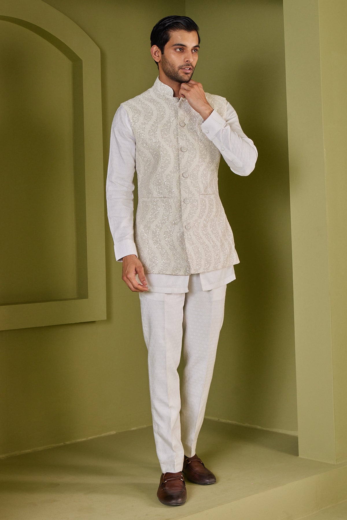 Ivory Work Nehru Jacket With Texture Kurta Set