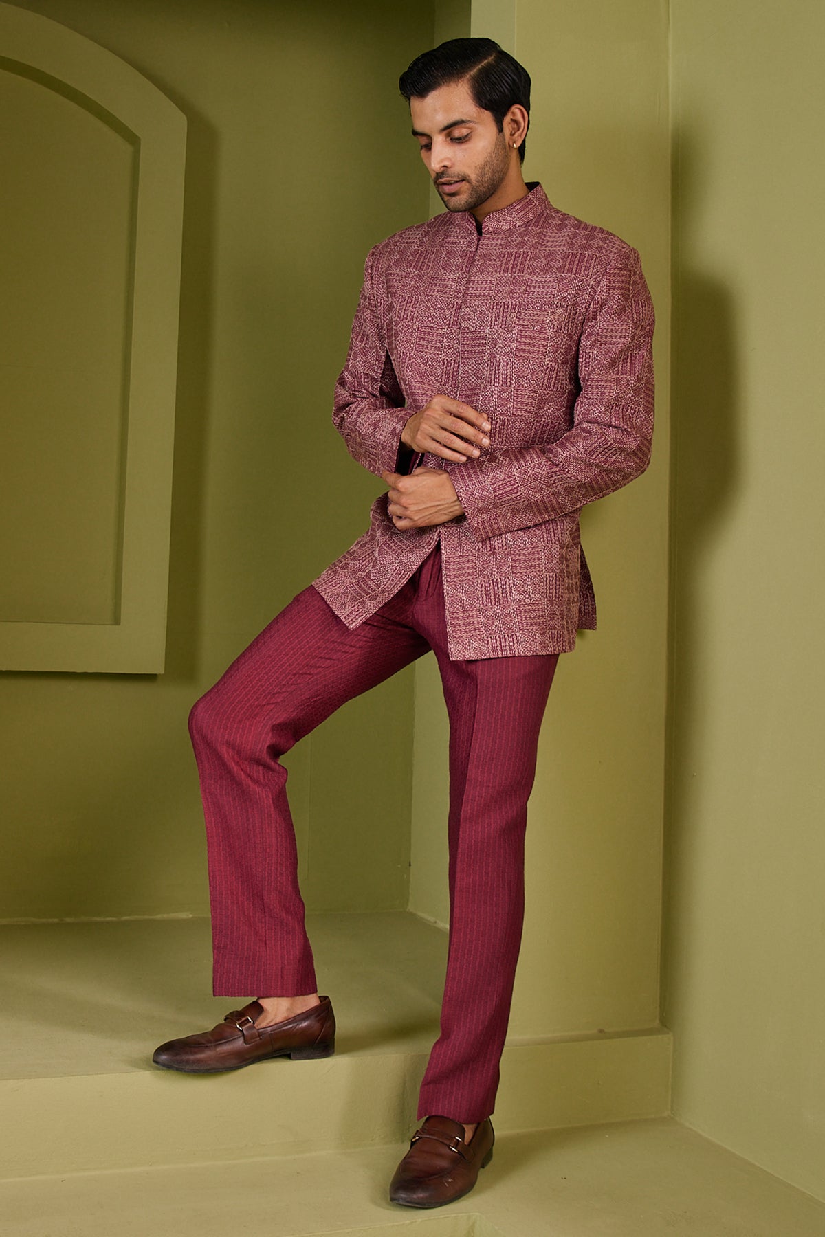 Monga Silk Maroon Bandhgala With Texture Pants Set